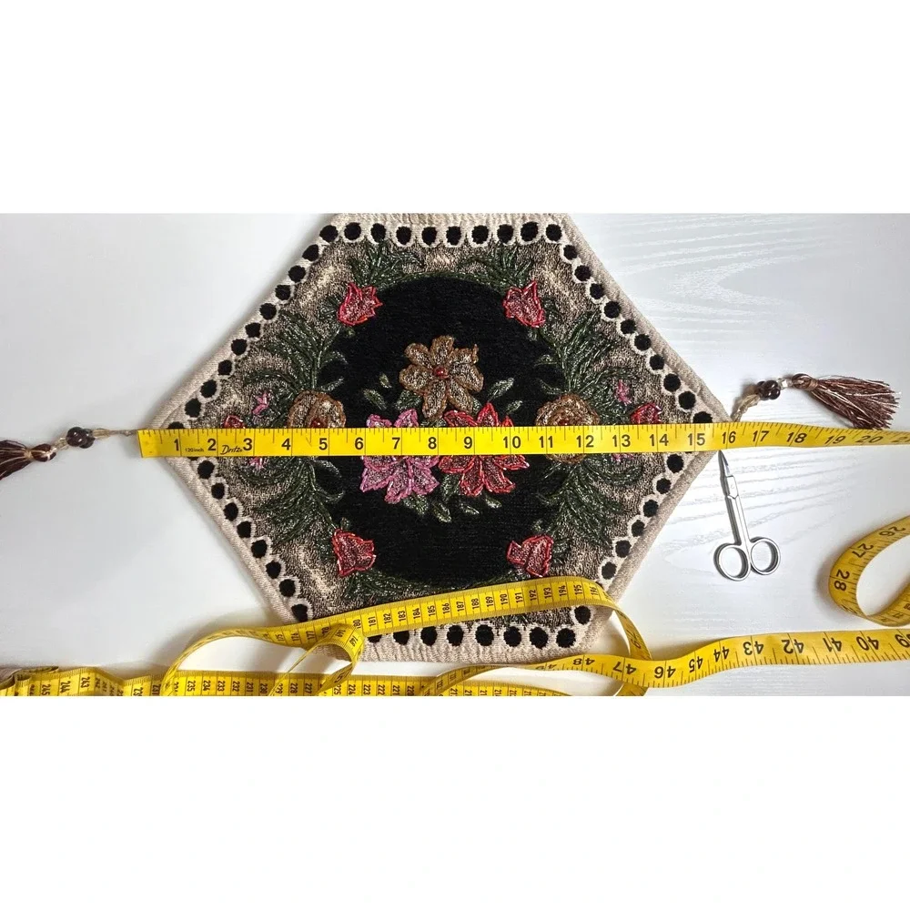 Vintage Hexagonal Velvet Floral Beaded Table Dresser Runner Tassel Accent
